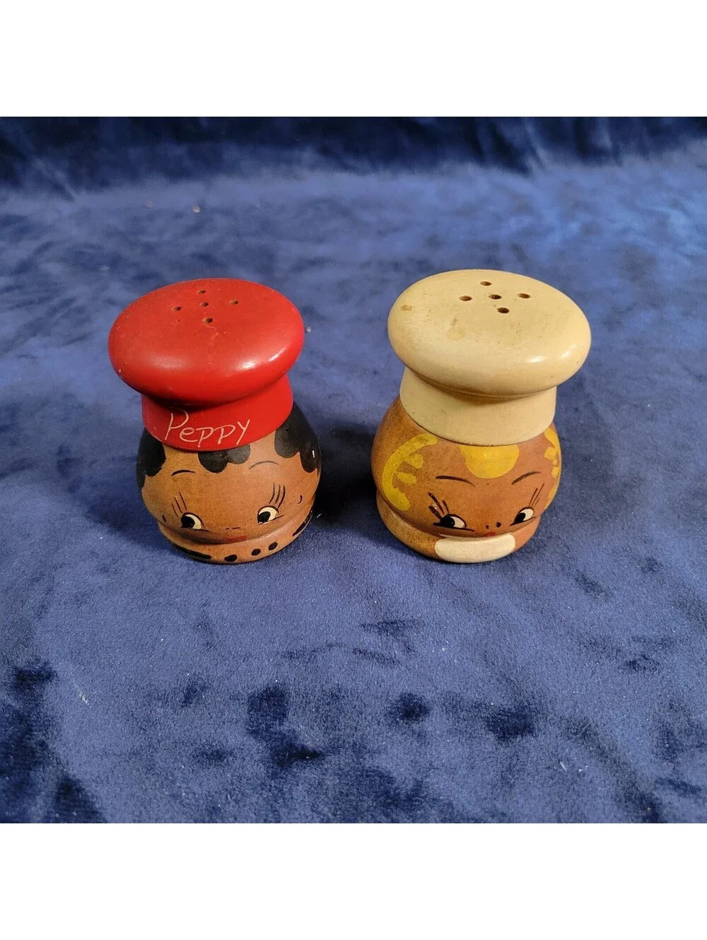 Vintage Salty & Peppy Wooden Chef Salt Pepper Shakers Japan MCM 2.5
